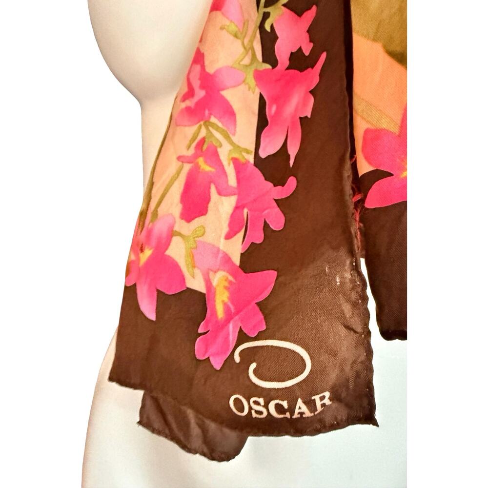 Vintage Oscar De La Renta Silk Scarf 11x51 Orchid Floral Pink Brown 1990s - Picture 7 of 8